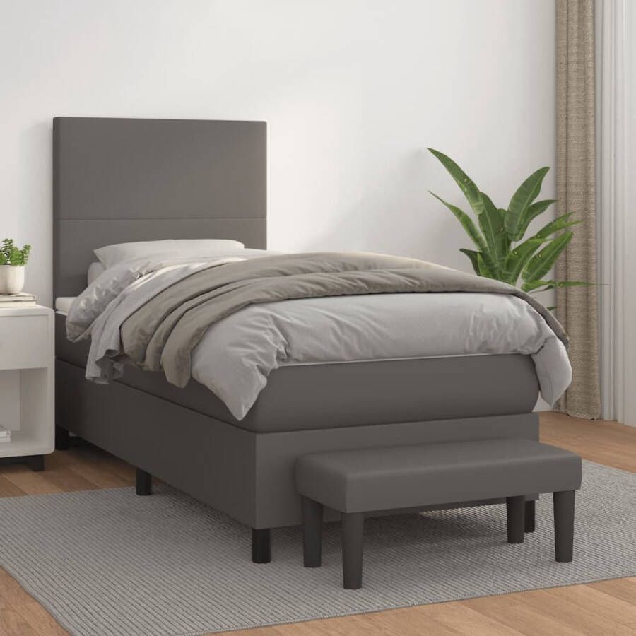 The Living Store Boxspringbed Grijs Kunstleer 203 x 100 x 118 128 cm Verstelbaar hoofdbord Pocketvering matras Middelharde ondersteuning Huidvriendelijk topmatras Multifunctioneel bankje