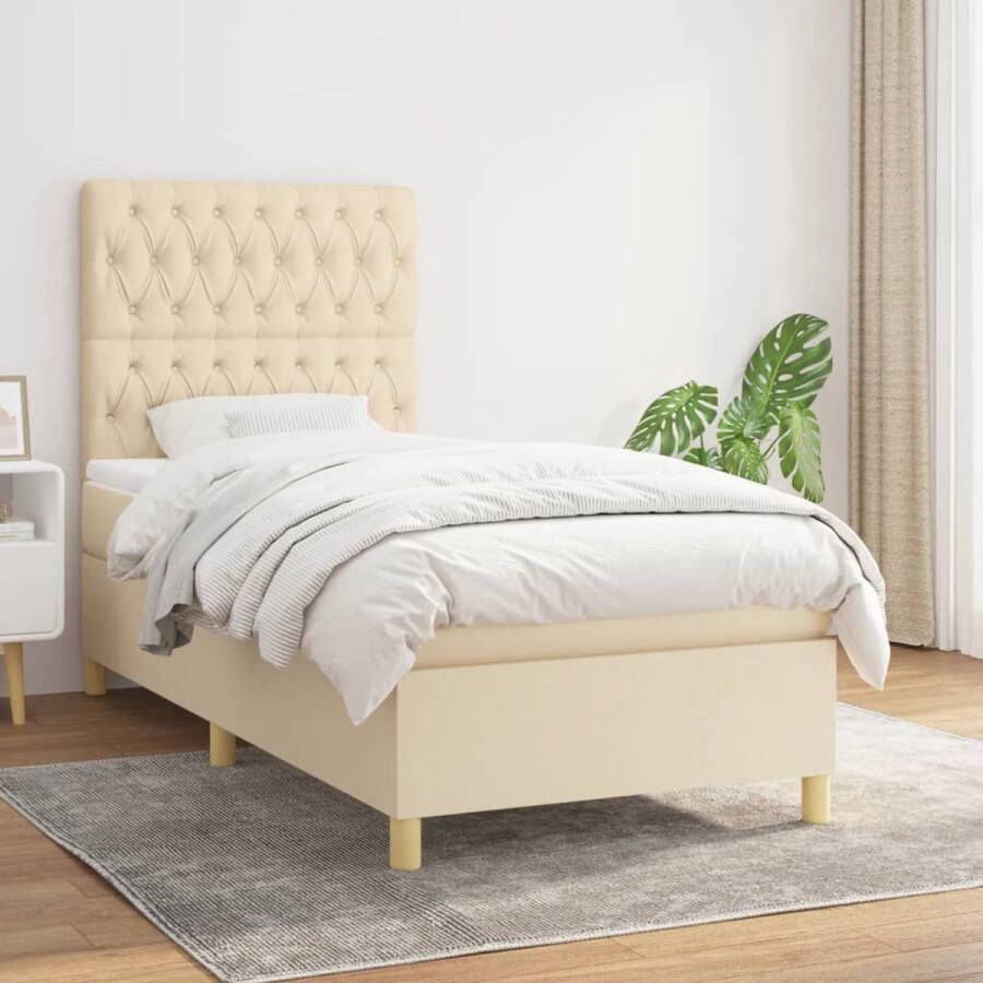 The Living Store Boxspringbed in crème 193x90x118 128 cm met verstelbaar hoofdbord pocketvering matras en huidvriendelijk topmatras Boxspringbed Boxspring Creme Kleurig Bed Tweepersoons Bed Pocketed Spring Mattress