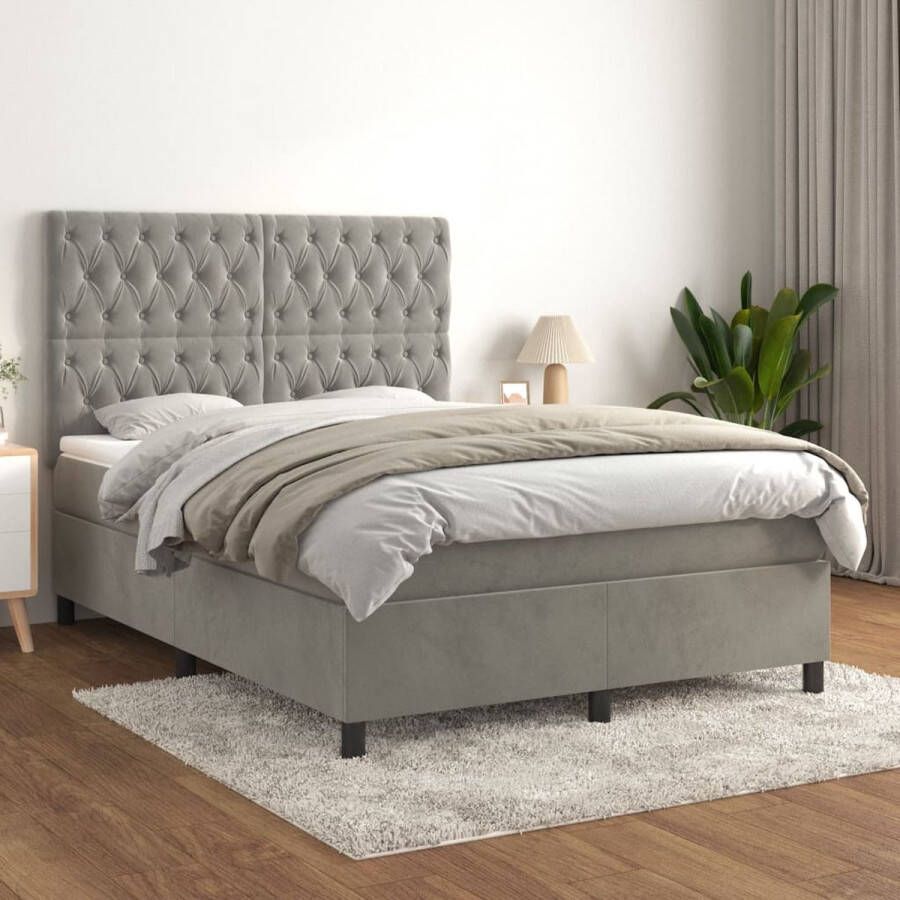 The Living Store Boxspringbed Lund Bed 140x200cm Fluweel Verstelbaar hoofdbord Pocketvering matras Middelharde ondersteuning Huidvriendelijk topmatras Lichtgrijs - Foto 1