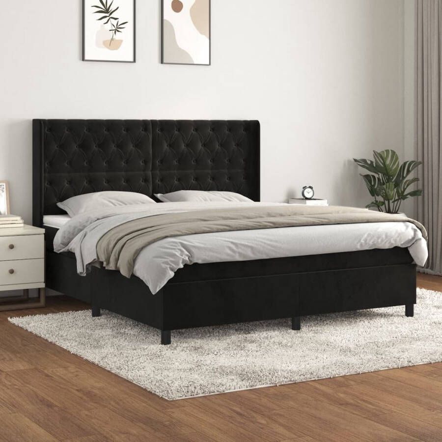The Living Store Boxspring met matras fluweel zwart 160x200 cm Boxspringbed Luxe Boxspring Velvet Bed Zwarte Boxspring Tweepersoons Bed - Foto 2