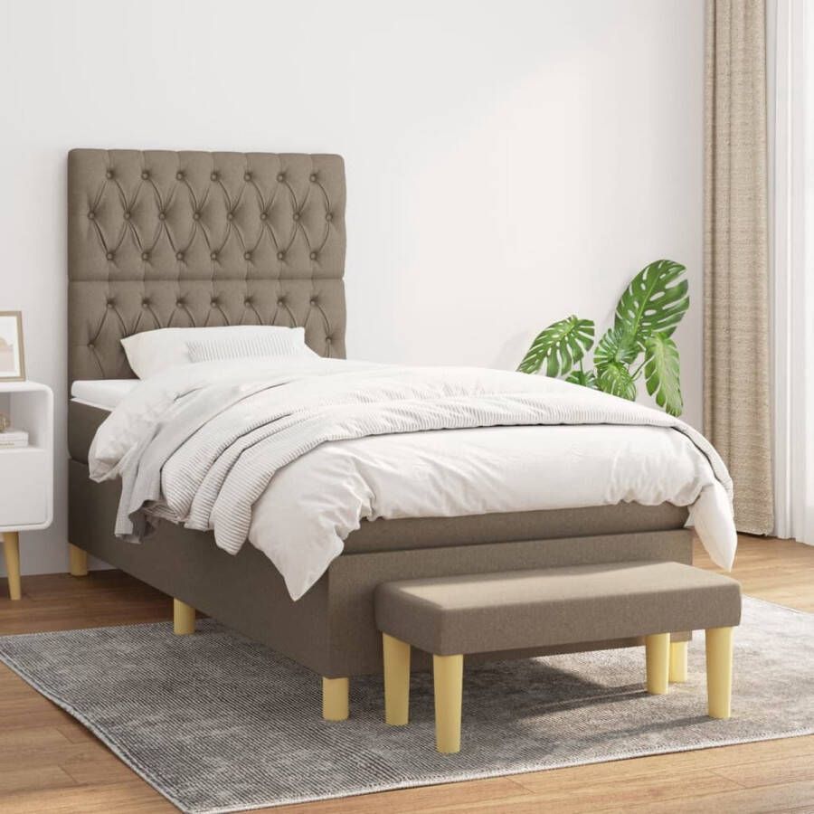 The Living Store Boxspringbed naam Bed 203x100x118 128 cm Kleur- Taupe Pocketvering matras Middelharde ondersteuning Huidvriendelijk topmatras Inclusief bankje