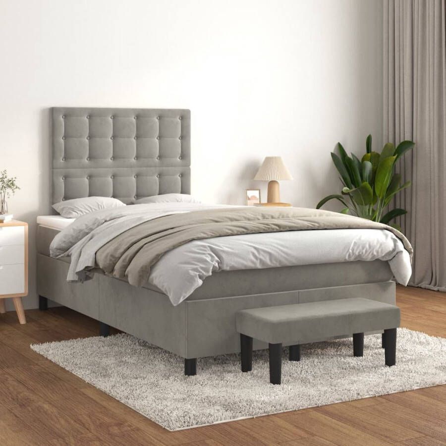 The Living Store Boxspringbed naam Bed + Matras + Topmatras + Bank Lichtgrijs 203 x 120 x 118 128 cm (L x B x H) Fluweel Pocketvering Multifunctioneel Huidvriendelijk