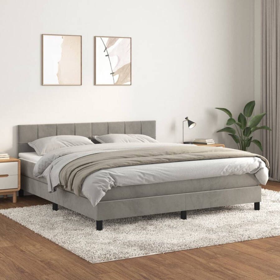 The Living Store Boxspringbed Lichtgrijs fluweel 203 x 163 x 118 128 cm Pocketvering matras Middelharde ondersteuning Huidvriendelijk topmatras Boxspringbed Fluweel Bed Grijs Bed Tweepersoonsbed King Size Bed