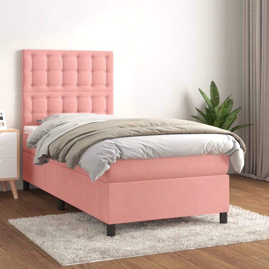 The Living Store Boxspringbed Pink Velvet 203x100x118 128 cm Inclusief Matras en Topmatras Boxspringbed Velvet Bed Pink Bed Tweepersoonsbed Slaapkamer Meubilair