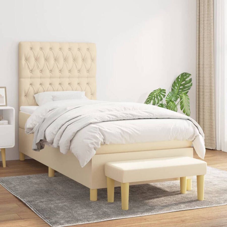 The Living Store Boxspringbed Pocketvering 90 x 200 cm Crème Hoofdbord Verstelbaar Duurzaam Materiaal Comfortabele Ondersteuning Middelharde Ondersteuning Huidvriendelijk Topmatras Multifunctioneel Bankje