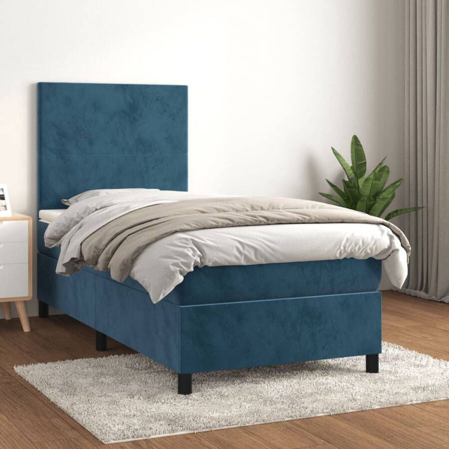 The Living Store Boxspringbed Pocketvering 90 x 200 cm Zacht fluweel Boxspringbed Pocketvering Fluweel Bed Blauw Bed Tweepersoonsbed - Foto 2