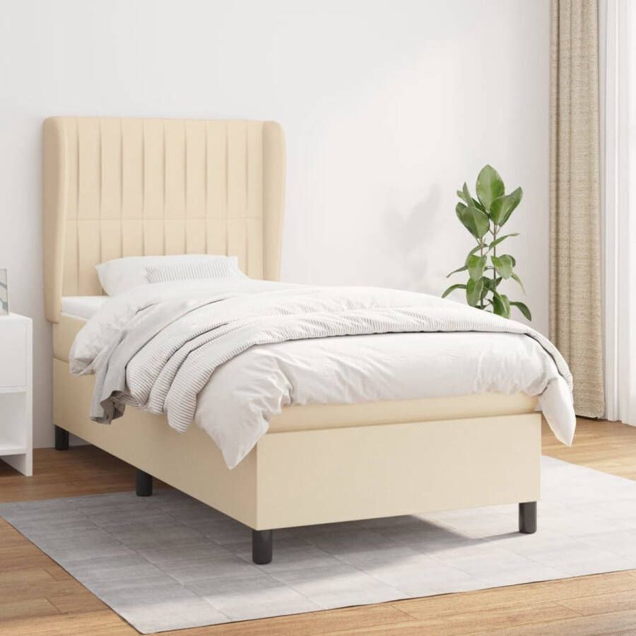 The Living Store Boxspringbed Pocketvering 90x190cm Crème Verstelbaar hoofdbord Boxspringbed Pocketvering Creme Kleur Tweepersoon Stapelbare Poten