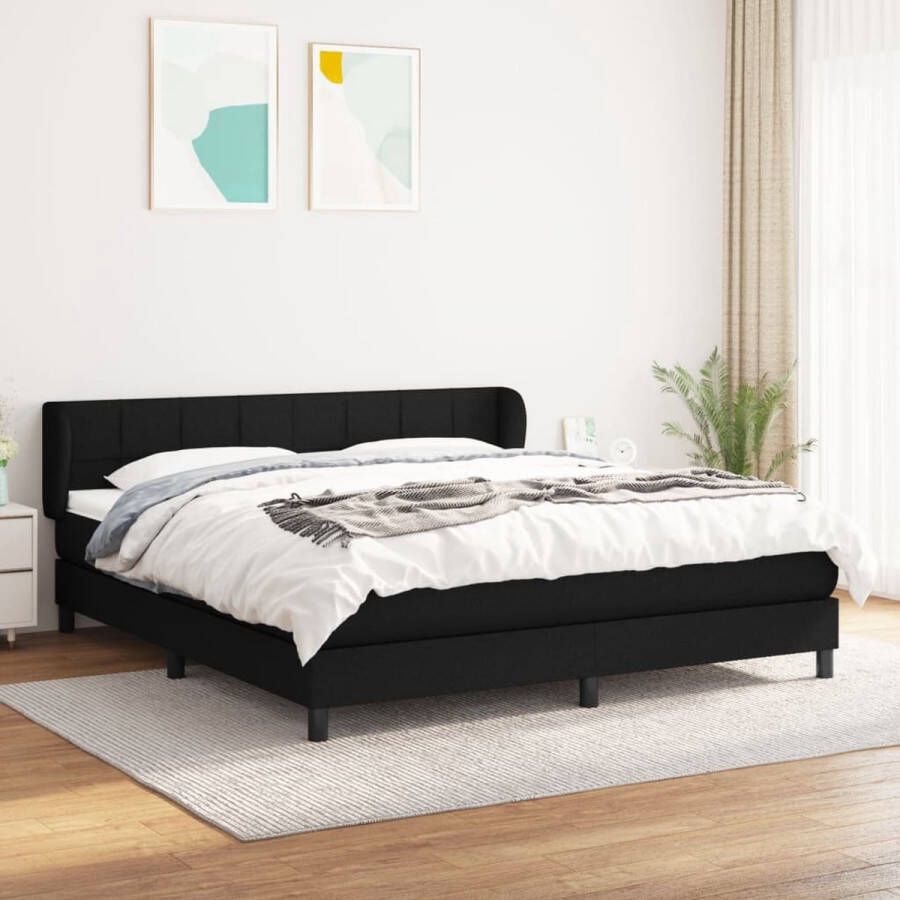 The Living Store Boxspringbed Zwarte stoffen bekleding 203 x 160 x 118 128 cm Verstelbaar hoofdbord Pocketvering matras Middelharde ondersteuning Huidvriendelijk topmatras Multifunctioneel bankje