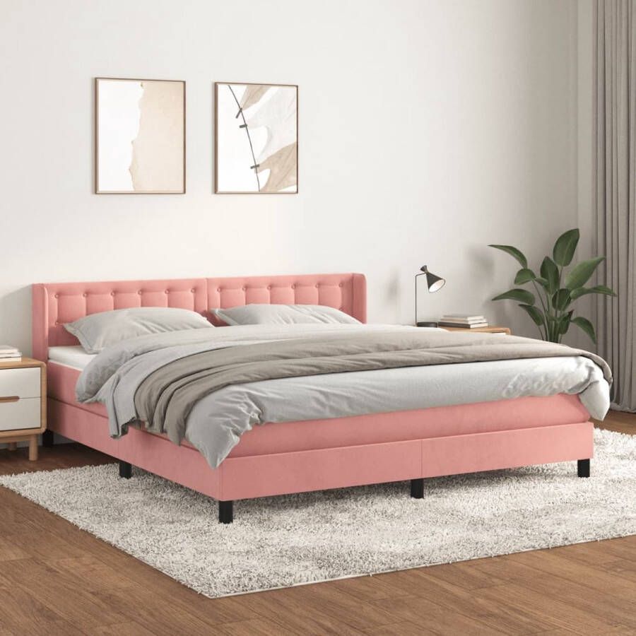 The Living Store Boxspringbed pocketvering matras middelharde ondersteuning roze fluweel verstelbaar hoofdbord huidvriendelijk topmatras 160x200cm