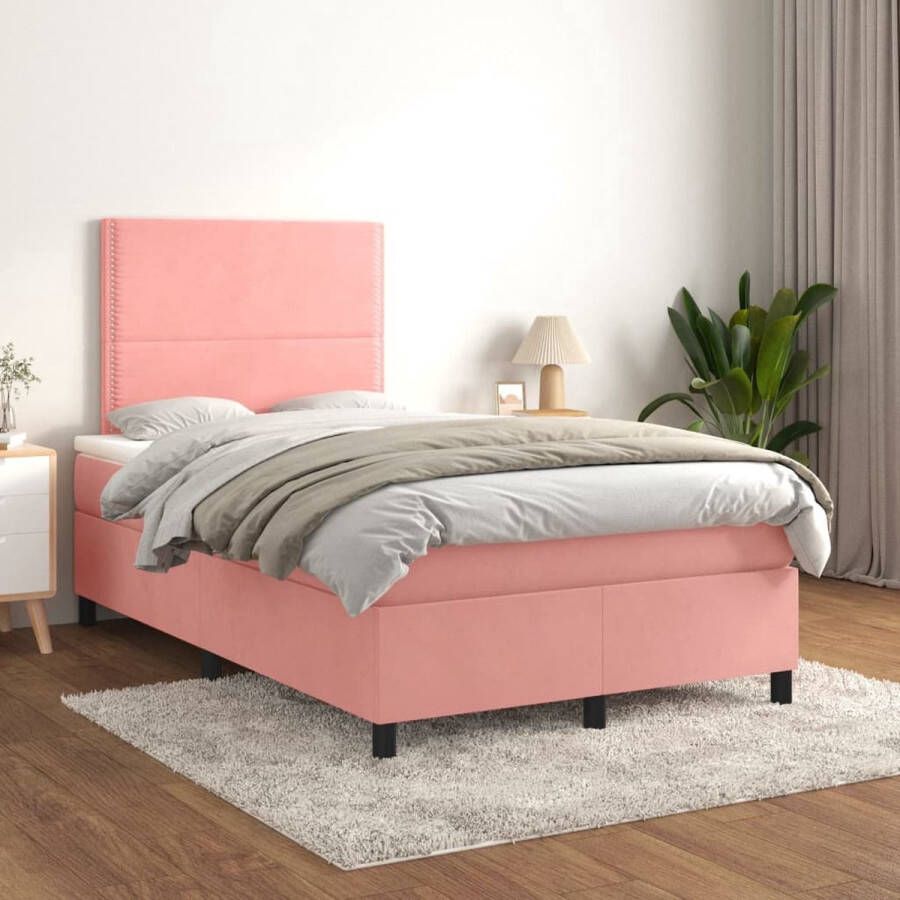 The Living Store Boxspringbed Zacht fluweel Praktisch hoofdbord Pocketvering matras Middelharde ondersteuning Huidvriendelijk topmatras Kleur- roze Afmetingen- 203 x 120 x 78 88 cm - Foto 2