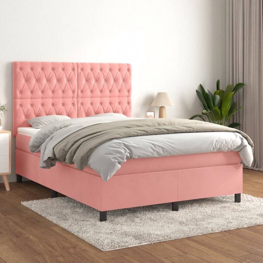 The Living Store Boxspringbed Roze 203x144x118 128cm Zacht fluweel Boxspringbed Fluweel Bed Rooskleurig Bed Tweepersoonsbed King Size Bed - Foto 2