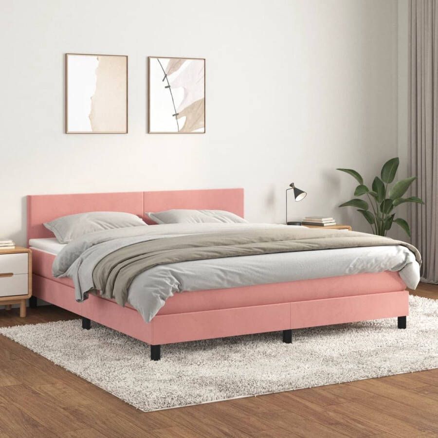 The Living Store Boxspringbed Roze Fluweel 180 x 200 cm Hoofdbord Verstelbaar Pocketvering Matras Middelharde Ondersteuning Huidvriendelijk Topmatras Boxspringbed Boxspring Tweepersoonsbed Velvet Bed Roze Bed