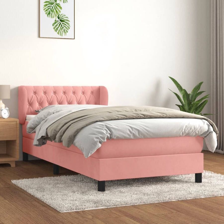 The Living Store Boxspringbed Roze Fluweel 193x93x78 88 cm Pocketvering matras Middelharde ondersteuning Huidvriendelijk topmatras