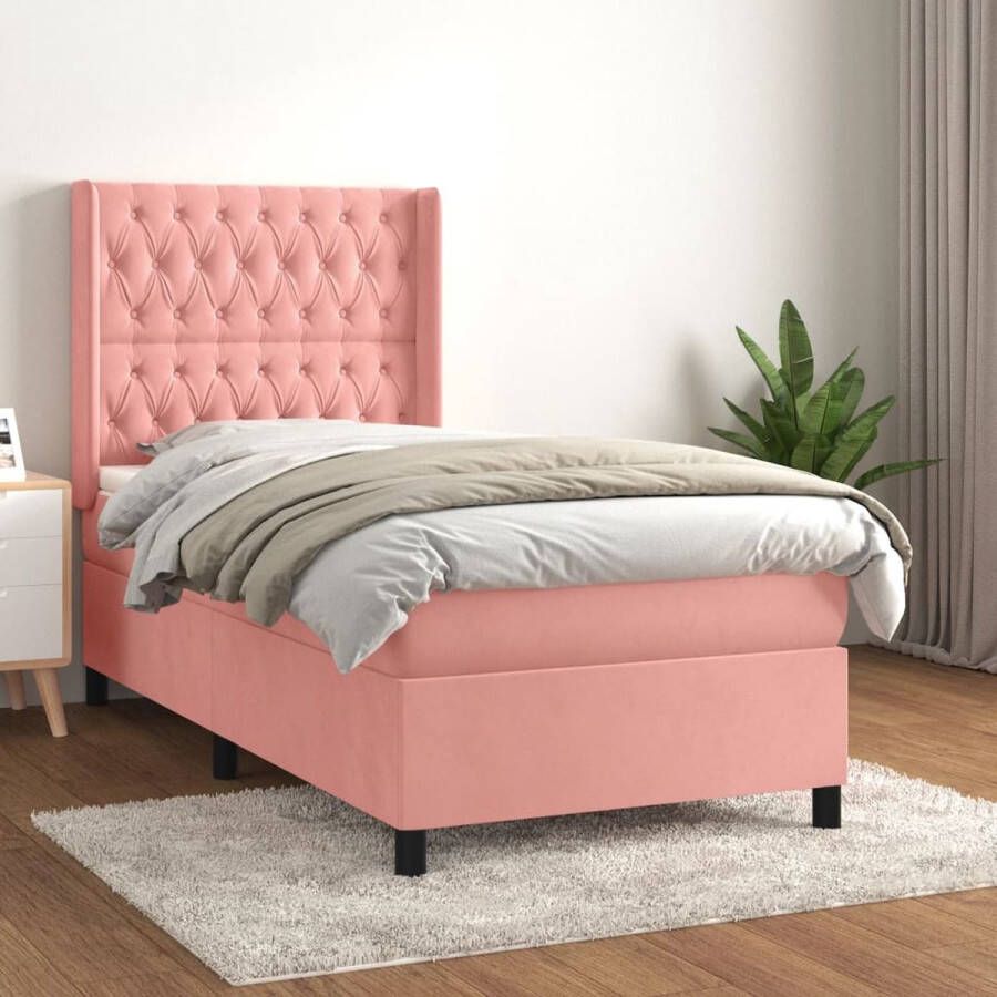 The Living Store Boxspringbed Roze fluweel 203 x 103 x 118 128 cm Pocketvering matras Middelharde ondersteuning Huidvriendelijk topmatras