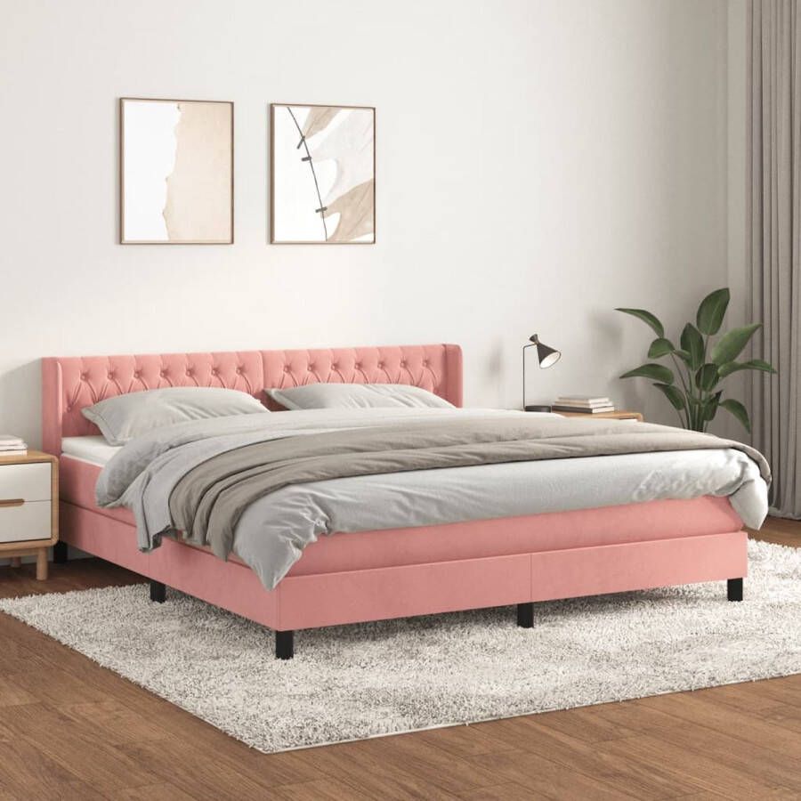 The Living Store Boxspringbed Roze fluweel 203 x 163 x 78 88 cm Pocketvering matras Middelharde ondersteuning Huidvriendelijk topmatras