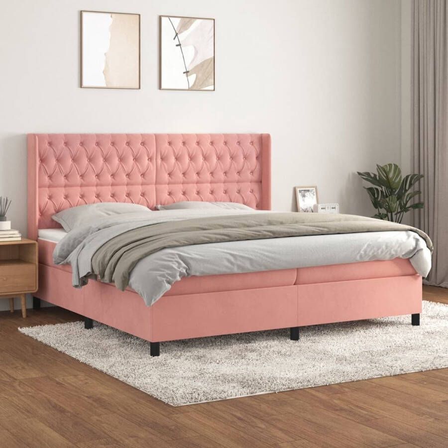 The Living Store Boxspringbed Roze fluweel 203 x 203 x 118 128 cm Pocketvering matras Middelharde ondersteuning Huidvriendelijk topmatras