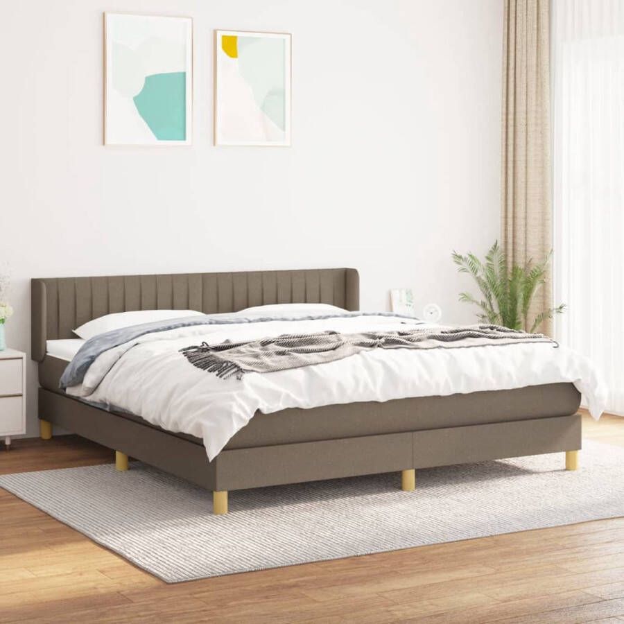 The Living Store Boxspring met matras stof taupe 160x200 cm Boxspringbed Pocketveer Matras Verstelbare Hoofdbord Taupe Bed Middenhard Matras