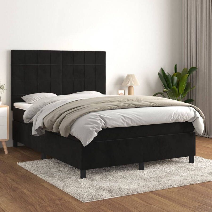 The Living Store Boxspringbed Zacht Fluweel 140x200x20 cm Pocketvering Boxspringbed Velvet Bed Tweepersoonsbed King Size Bed Zwarte Boxspring
