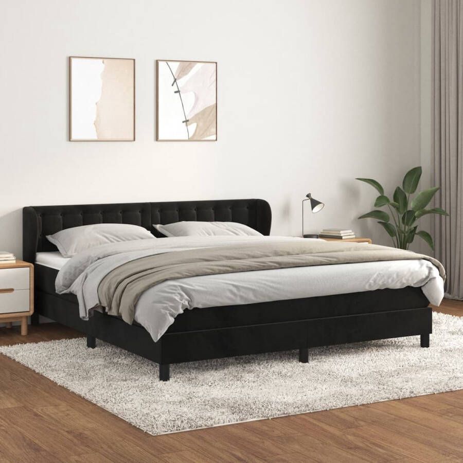 The Living Store Bedframe Boxspringbed Afmetingen 203x160x78 88 cm Zwarte stof met fluweel Hoofdbord verstelbaar Pocketvering matras Middelharde ondersteuning Huidvriendelijk topmatras Inclusief montagehandleiding