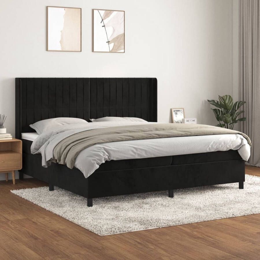 The Living Store Boxspringbed Zacht fluweel Praktisch hoofdbord Pocketvering matras Middelharde ondersteuning Huidvriendelijk topmatras 203x203x118 128cm Boxspring Boxspringbed Tweepersoonsbed Velvet Bed Zwarte Boxspring - Foto 2
