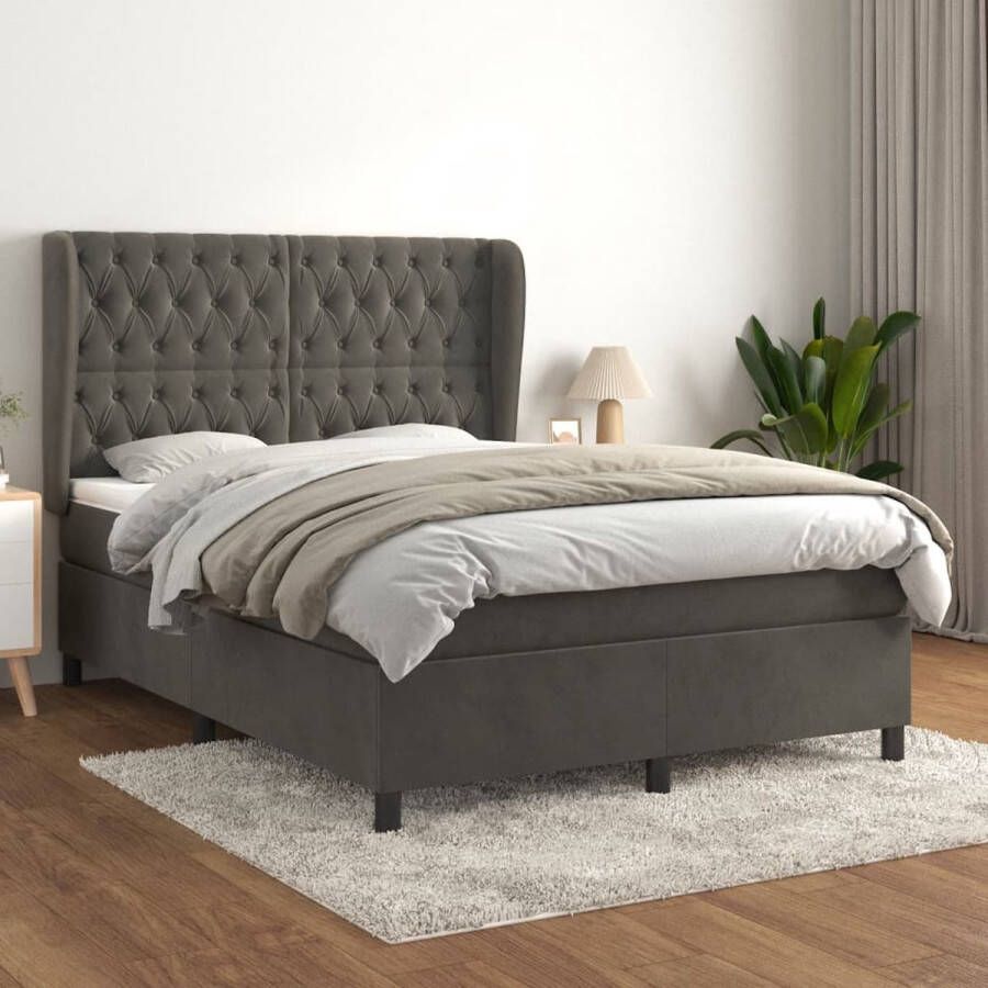 The Living Store Boxspringbed Zacht fluweel Praktisch hoofdbord Pocketvering matras Middelharde ondersteuning Huidvriendelijk topmatras Donkergrijs 193x147x118 128 cm 140x190x20 cm 140x190x5 cm