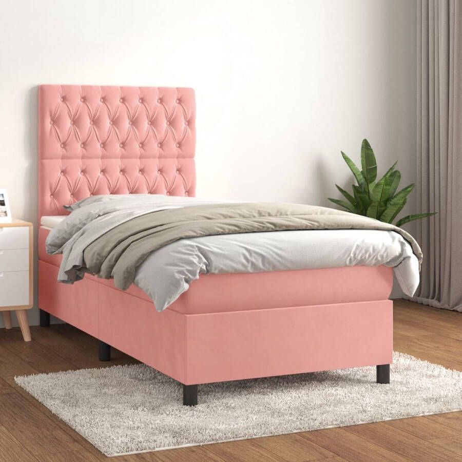 The Living Store Boxspringbed Roze 203 x 80 x 78 88 cm Fluweel Pocketvering Middelharde ondersteuning Huidvriendelijk Boxspringbed Fluweel Bed Roze Bed Tweepersoons Bed Boxspring