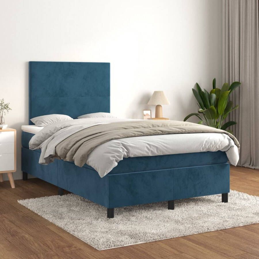 The Living Store Boxspringbed Zacht fluweel Praktisch hoofdbord Pocketvering matras Middelharde ondersteuning Huidvriendelijk topmatras 203x120x118 128 cm Donkerblauw 100% polyester Inclusief montagehandleiding