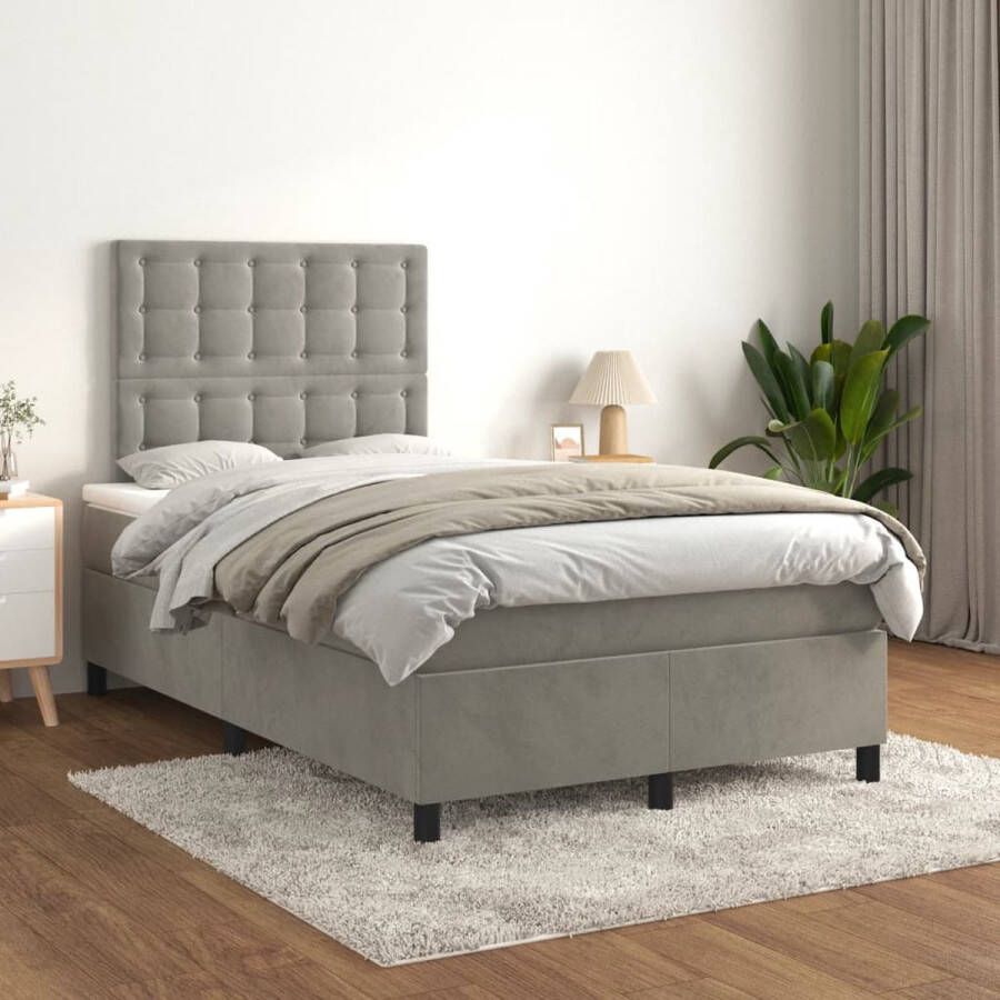 The Living Store Boxspringbed Zacht Fluweel Praktisch Hoofdbord Pocketvering Middelharde Ondersteuning Huidvriendelijk Topmatras Lichtgrijs 203 x 120 x 118 128 cm