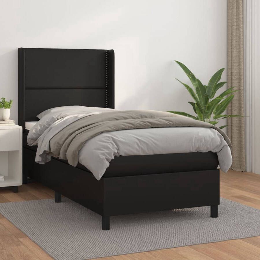 The Living Store Boxspringbed Zwart Kunstleer 80x200cm Duurzaam kunstleer Hoogte verstelbaar hoofdbord Pocketvering matras Middelharde ondersteuning Huidvriendelijk topmatras Inclusief montagehandleiding