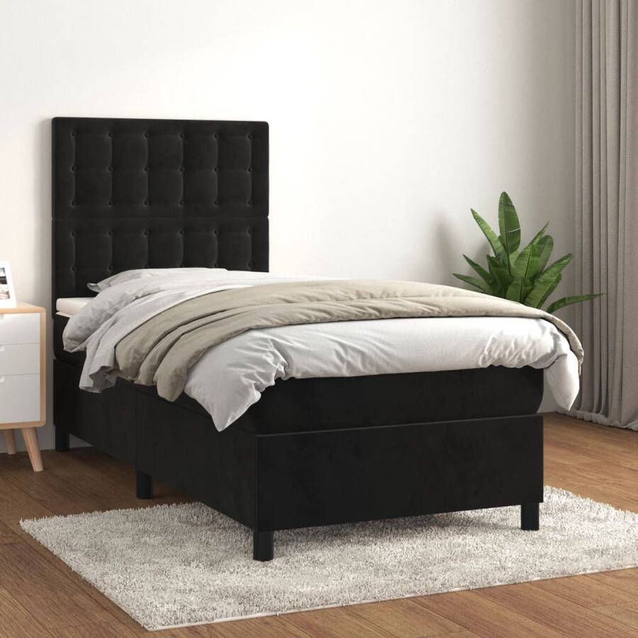 The Living Store Boxspringbed Zwart Stof 203 x 90 x 118 128 cm Zacht fluweel Praktisch hoofdbord Pocketvering matras Middelharde ondersteuning Huidvriendelijk topmatras