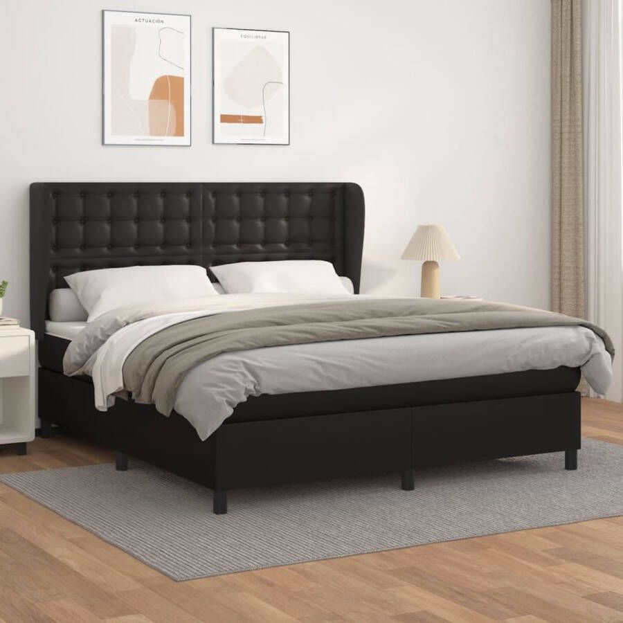 The Living Store Boxspringbed Zwarte Kunstleren Bedframe Pocketvering Matras Huidvriendelijke Topmatras 180x200cm