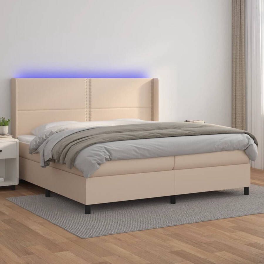 The Living Store Boxspringset Kunstleren Bed met LED-verlichting Pocketvering Matras Huidvriendelijk Topmatras 203 x 203 x 118 128 cm Cappuccino Boxspring Led Bed Kunstleder Bed Hoofdbord Pocketed Spring Mattress