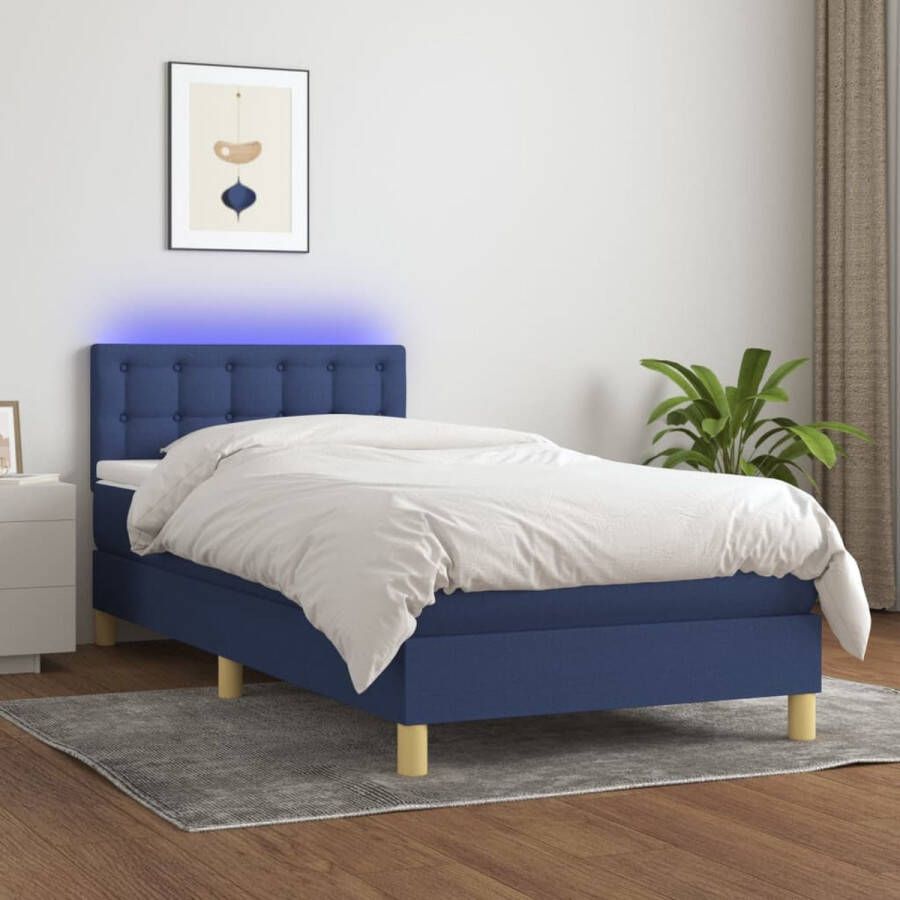 The Living Store Boxspringset LED 193x90x78 88 cm Blauw stof Pocketvering matras Huidvriendelijk topmatras Boxspring Led Bed Slaapcomfort Pocketed Spring Mattress Frame Bed