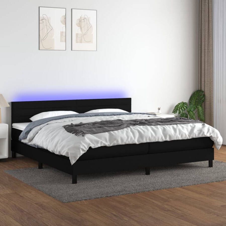 The Living Store Boxspring met matras en LED stof zwart 200x200 cm Boxspring Led Lamp Boxsprings Tweepersoonsbed Zwarte Boxspring