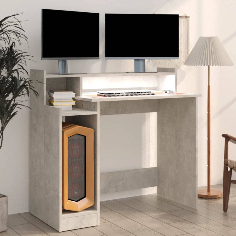 The Living Store Bureau Concrete Gray 97x45x90cm LED-verlichting Bewerkt hout Wandmontage vereist USB-aansluiting Montagehandleiding - Foto 2