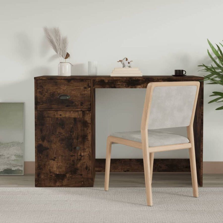 The Living Store Bureau met lade 115x50x75 cm bewerkt hout gerookt eikenkleurig Bureau - Foto 2