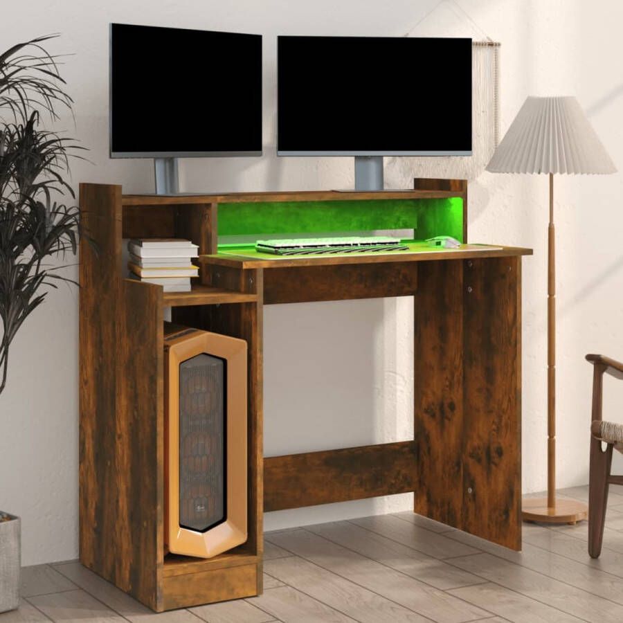 The Living Store Bureau s Bureau Gerookt Eiken 97 x 45 x 90 cm Met LED-verlichting - Foto 2