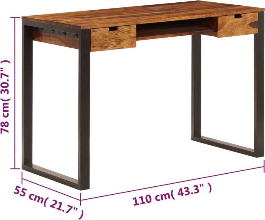 The Living Store Bureau Sheeshamhout 110 x 55 x 78 cm Met 2 lades en toetsenbordplank - Foto 2