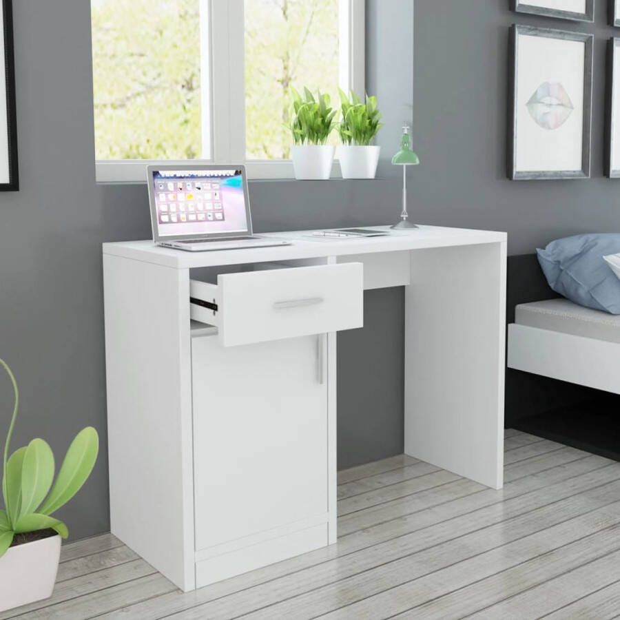 The Living Store Bureau White 100x40x73cm High-Quality Wood MDF 1 Drawer 1 Cabinet Aluminum Handles - Foto 2