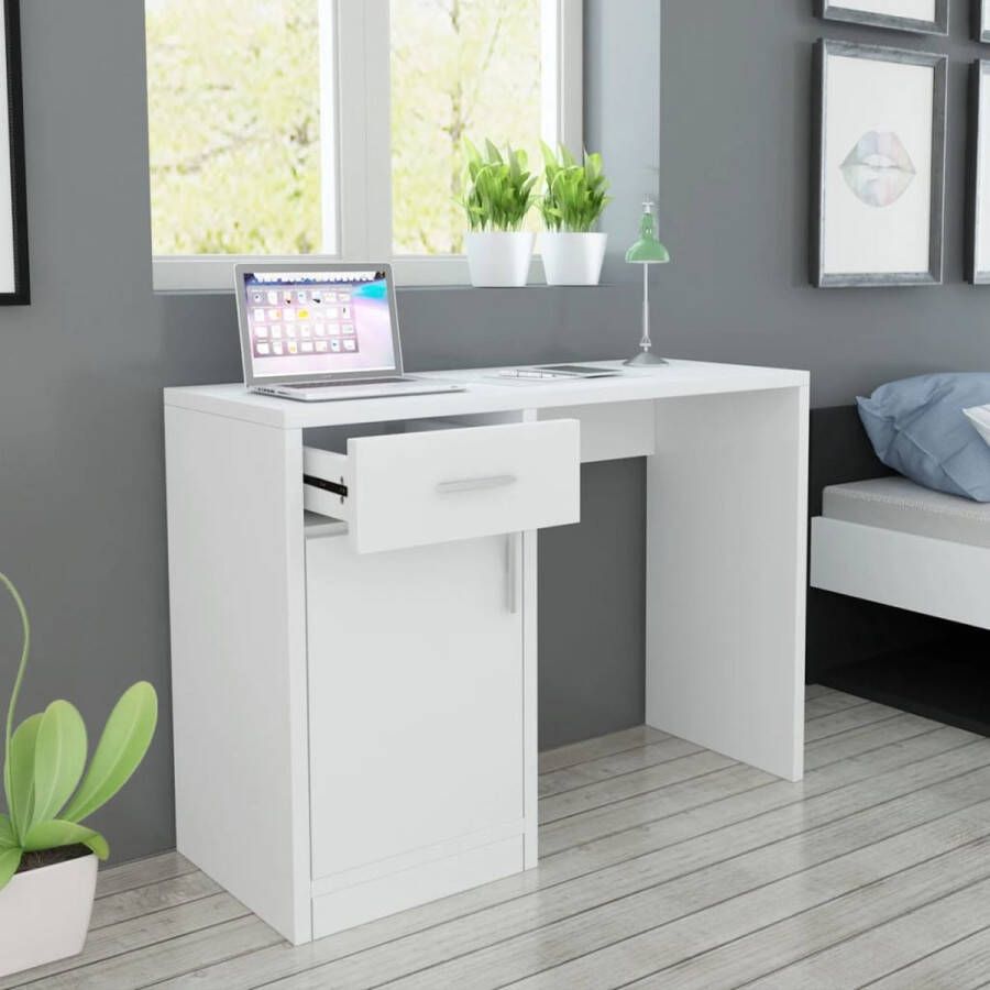 The Living Store Bureau White 100x40x73cm High-Quality Wood MDF 1 Drawer 1 Cabinet Aluminum Handles Bureau Wandtafel Klaptafel Keuken Tafel Werkplek