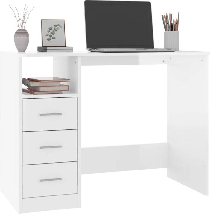 The Living Store Bureau met lades 102x50x76 cm bewerkt hout hoogglans wit Kantoormeubilair Bureau Houten Bureau Wit Bureau Laptop Bureau - Foto 2