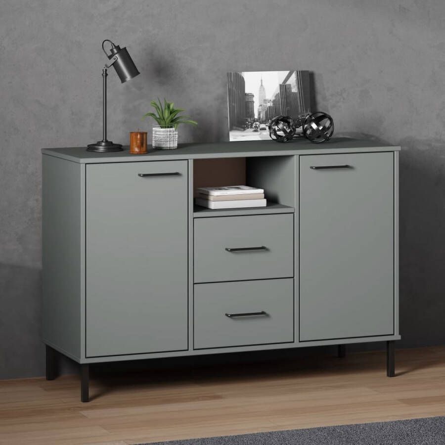 The Living Store Dressoir met metalen poten OSLO 113x40x77 cm grenenhout grijs Keukenkast