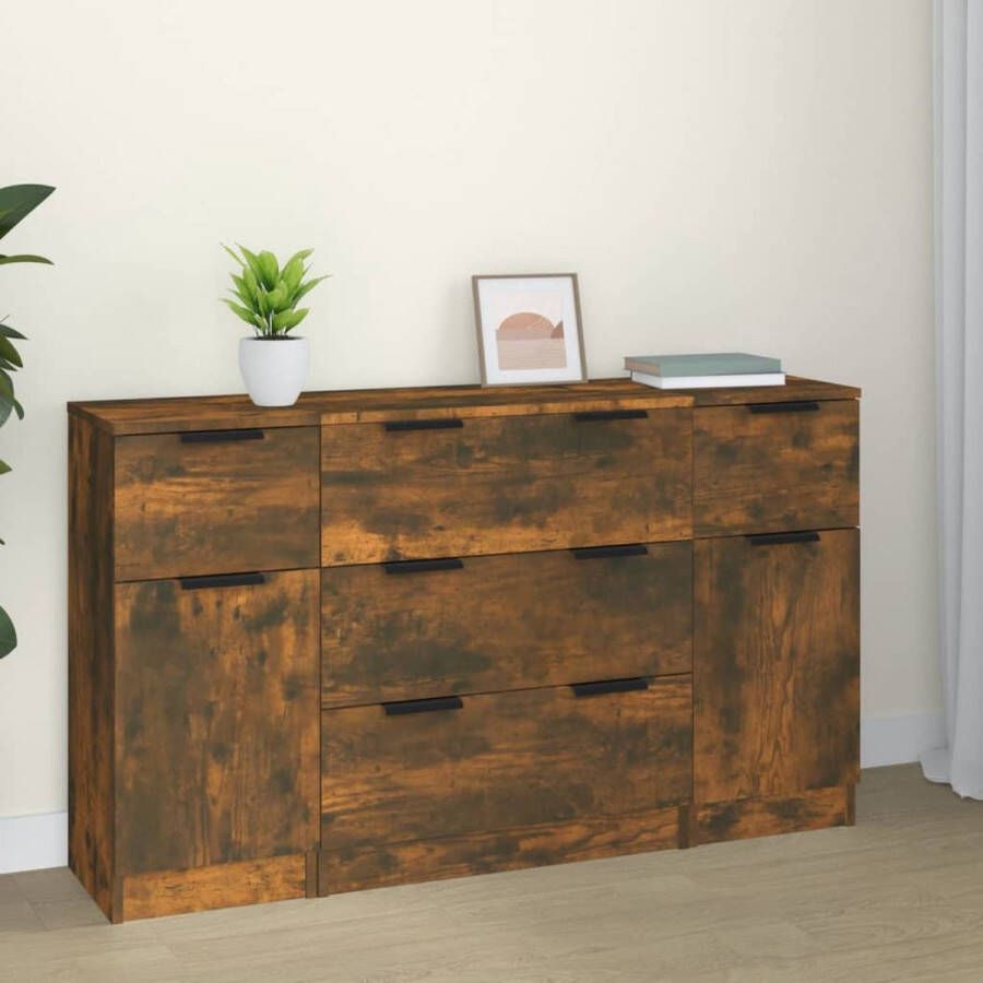 The Living Store Dressoir Minimalistische charme Bewerkt hout Gerookt eiken 60x30x70 cm en 30x30x70 cm 3 lades en 1 deur