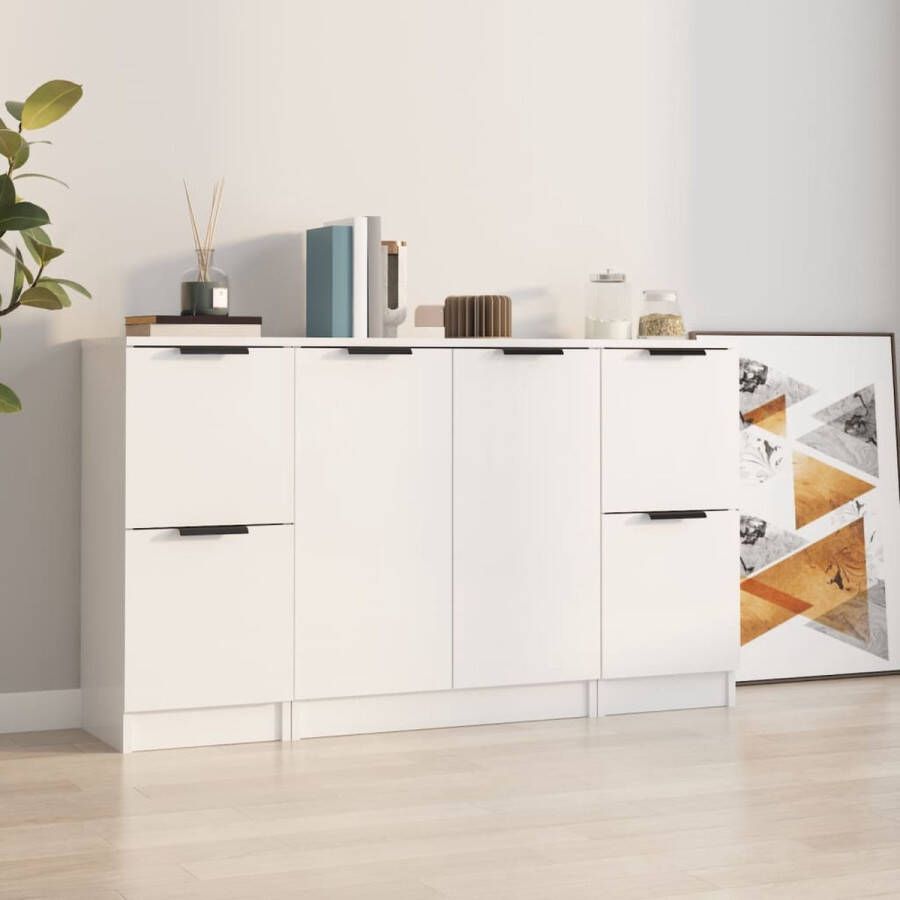 The Living Store Dressoirs 3 st bewerkt hout hoogglans wit Dressoir Commode Opbergruimte Minimalistisch Design Hoogglans Wit - Foto 2