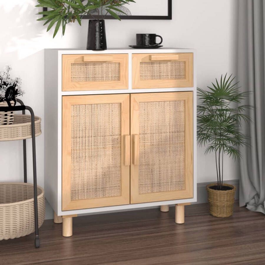The Living Store Dressoir 60x30x75 cm massief grenenhout en rattan wit Dressoir Commode Opbergmeubel Salontafel Livingroom Furniture