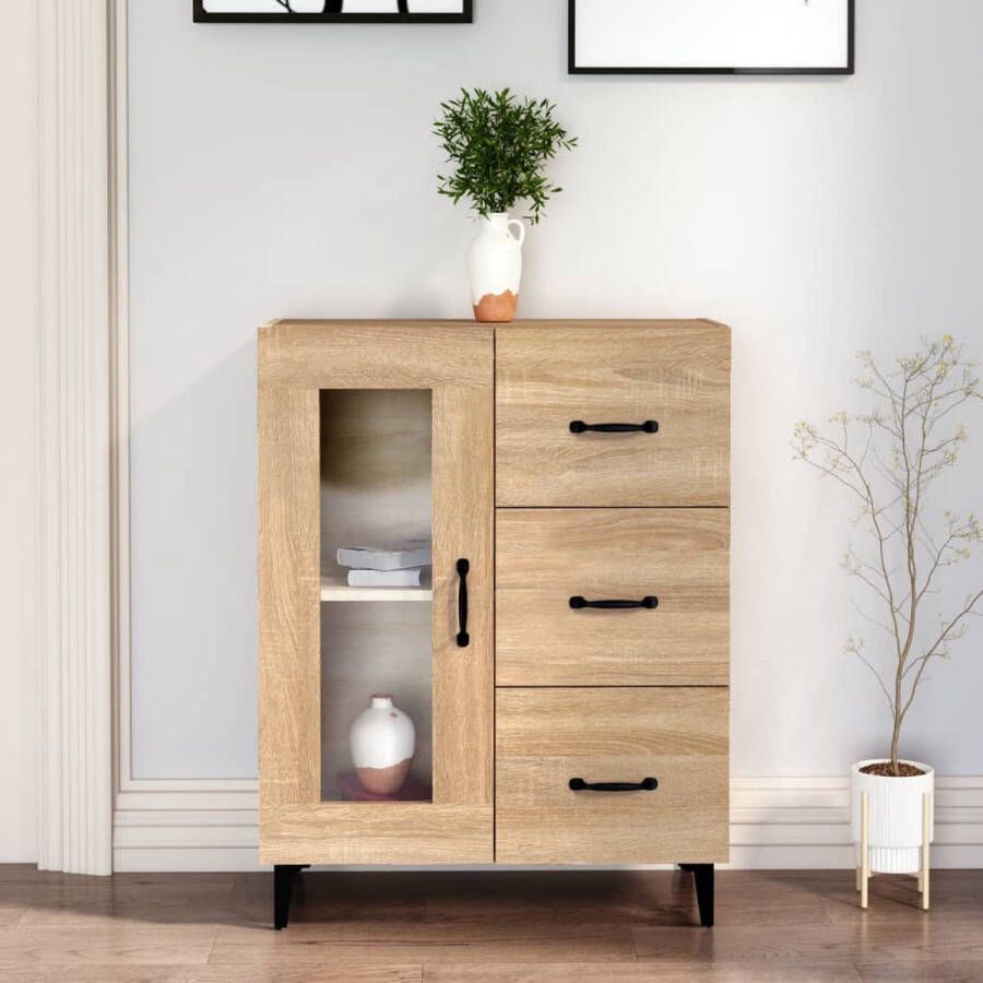 The Living Store Dressoir Sonoma Eiken Kast met glazen deur en 3 lades 69.5 x 34 x 90 cm (B x D x H)