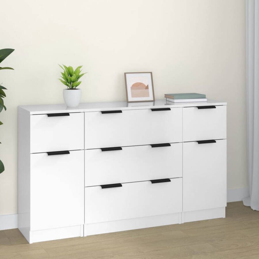 The Living Store Dressoirs 2x Dressoir met een deur 1x Dressoir met 3 lades Hoogglans wit Bewerkt hout 60x30x70 cm 30x30x70 cm