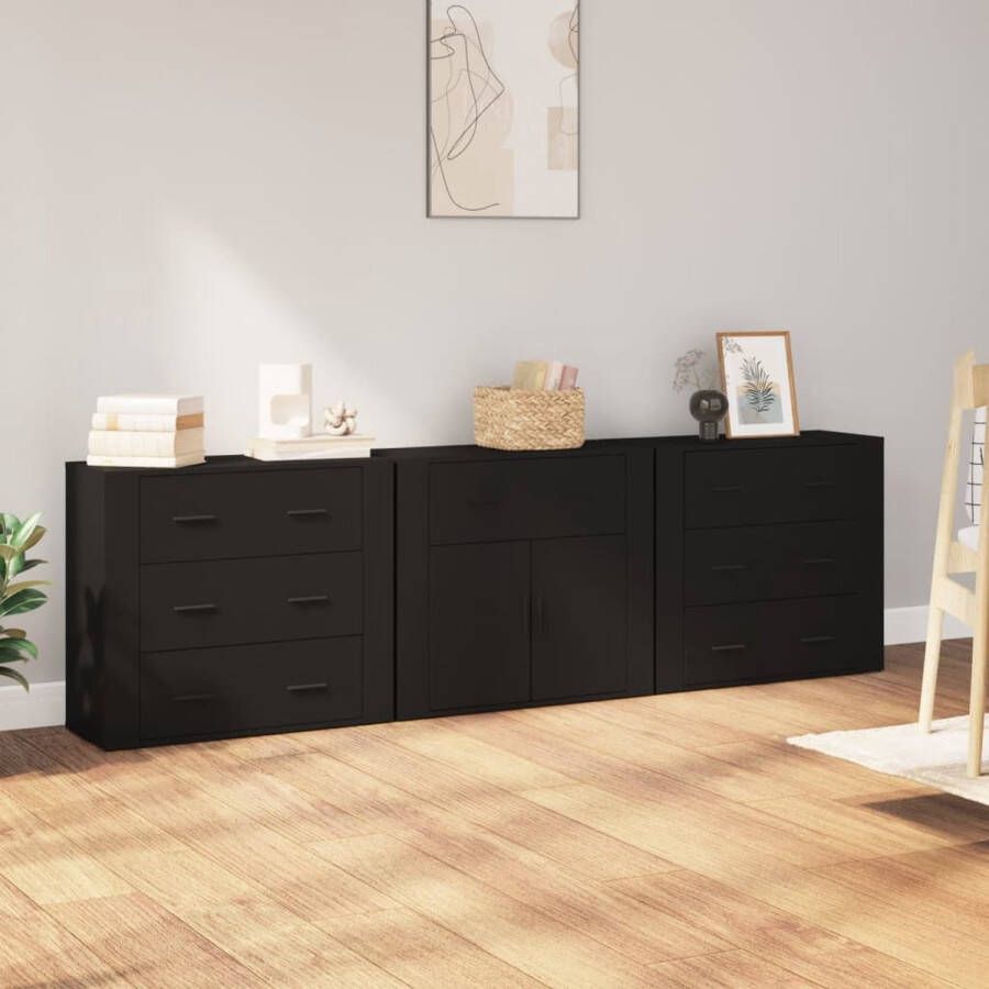 The Living Store Dressoir Klassiek Zwarte 3-delige Set 80x33x70 cm Bewerkt Hout - Foto 3