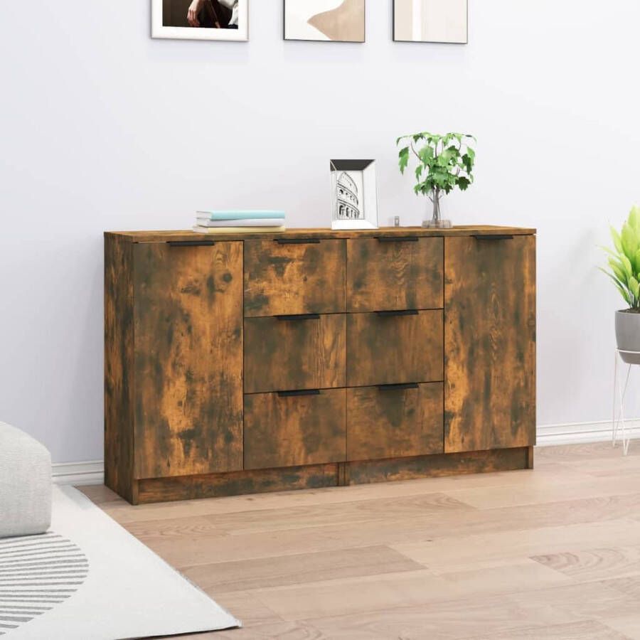 The Living Store Dressoirs 2 st 60x30x70 cm bewerkt hout gerookt eikenkleurig Dressoir Commode Opbergmeubilair Houten Dressoir Landelijke Dressoir