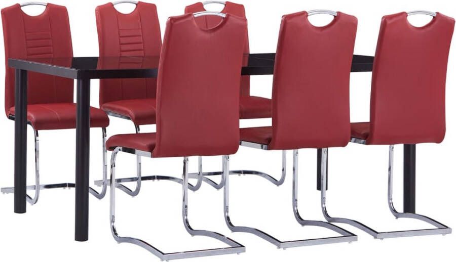 The Living Store Eethoek Eettafel en 6 stoelen Zwart gehard glas metaal Rode kunstleren bekleding 180x90x75cm Montage vereist